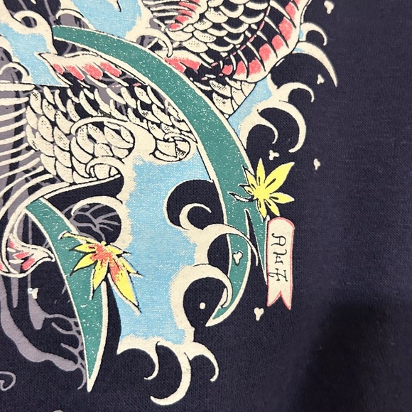 Ed Hardy Navy Blue Cropped Sweatshirt Koi Fish Tattoo Graphic Y2K Womens Medium - Picture 7 of 7